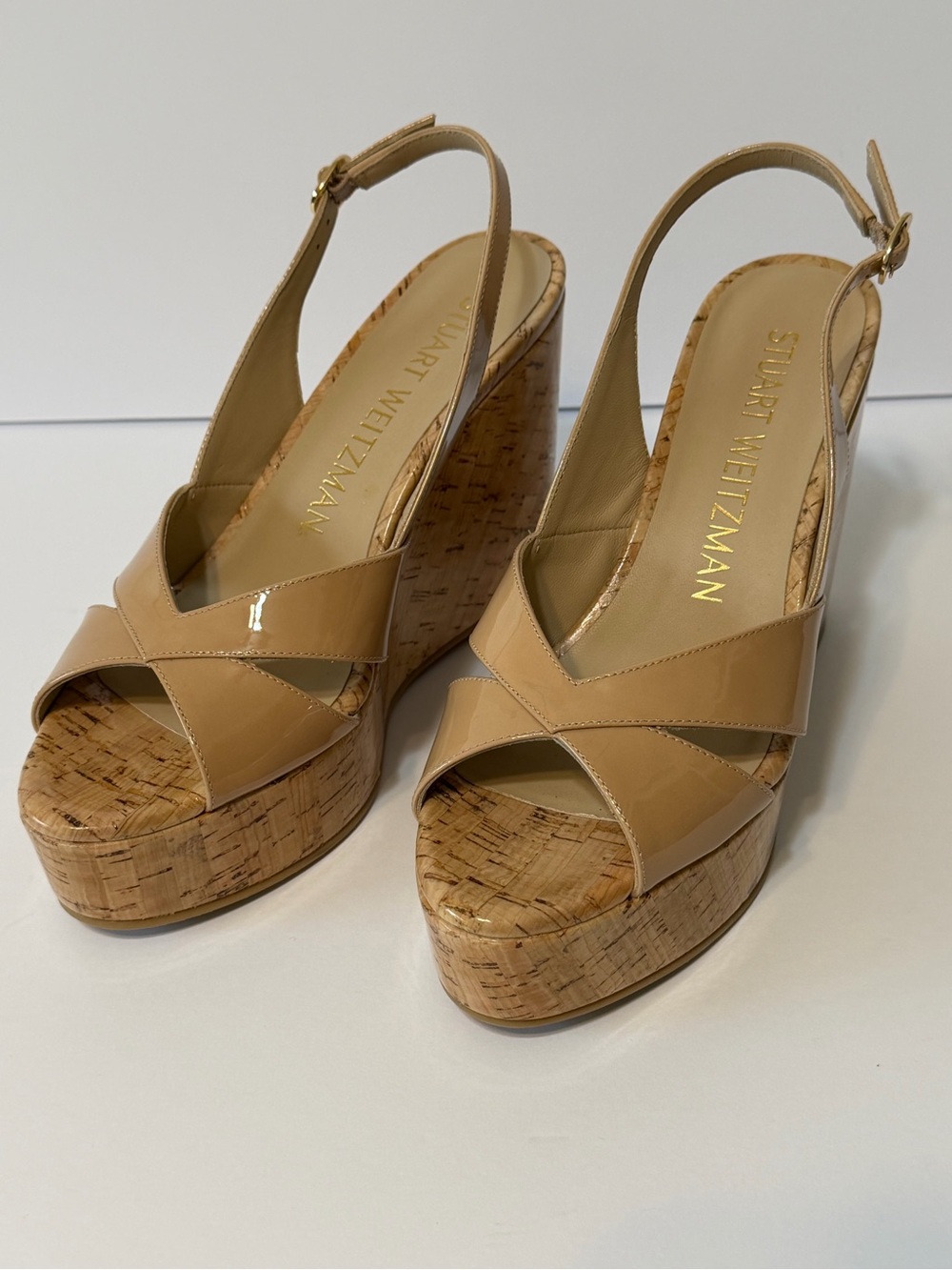 NEW Stuart Weitzman CARMEN Beige Patent Leather Cork Wedge Sandals